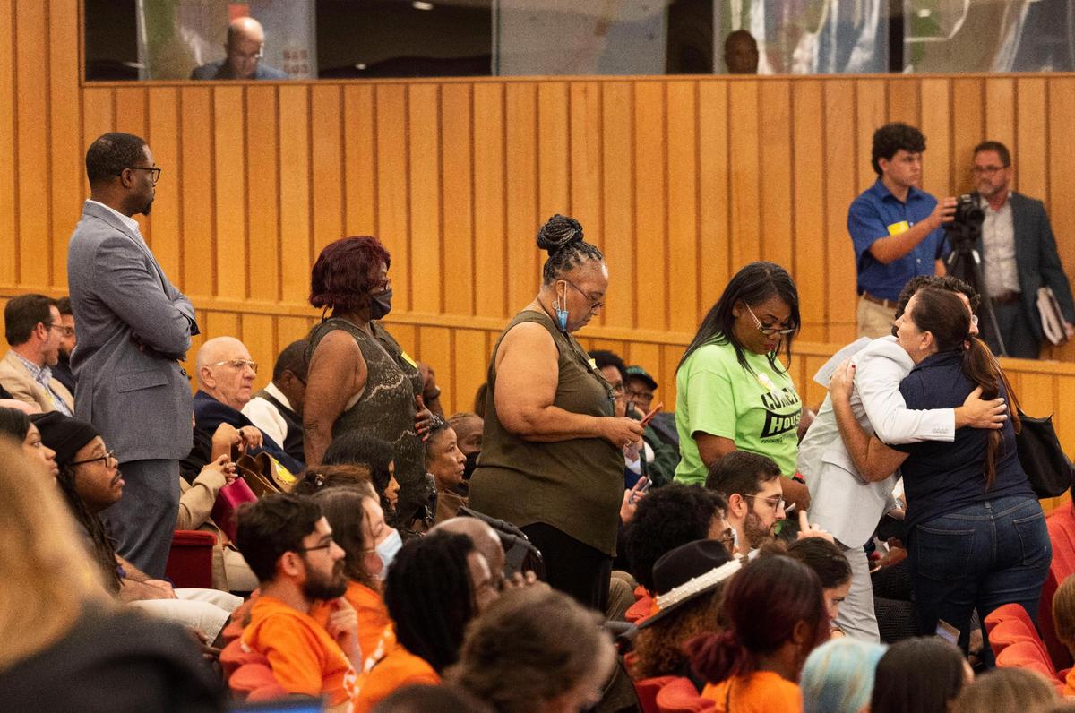 People wait in line to speak during the final Miami-Dade Budget Hearing before a vote on Tuesday, Sept. 20, 2022, at the Stephen P. Clark Center in Downtown Miami.