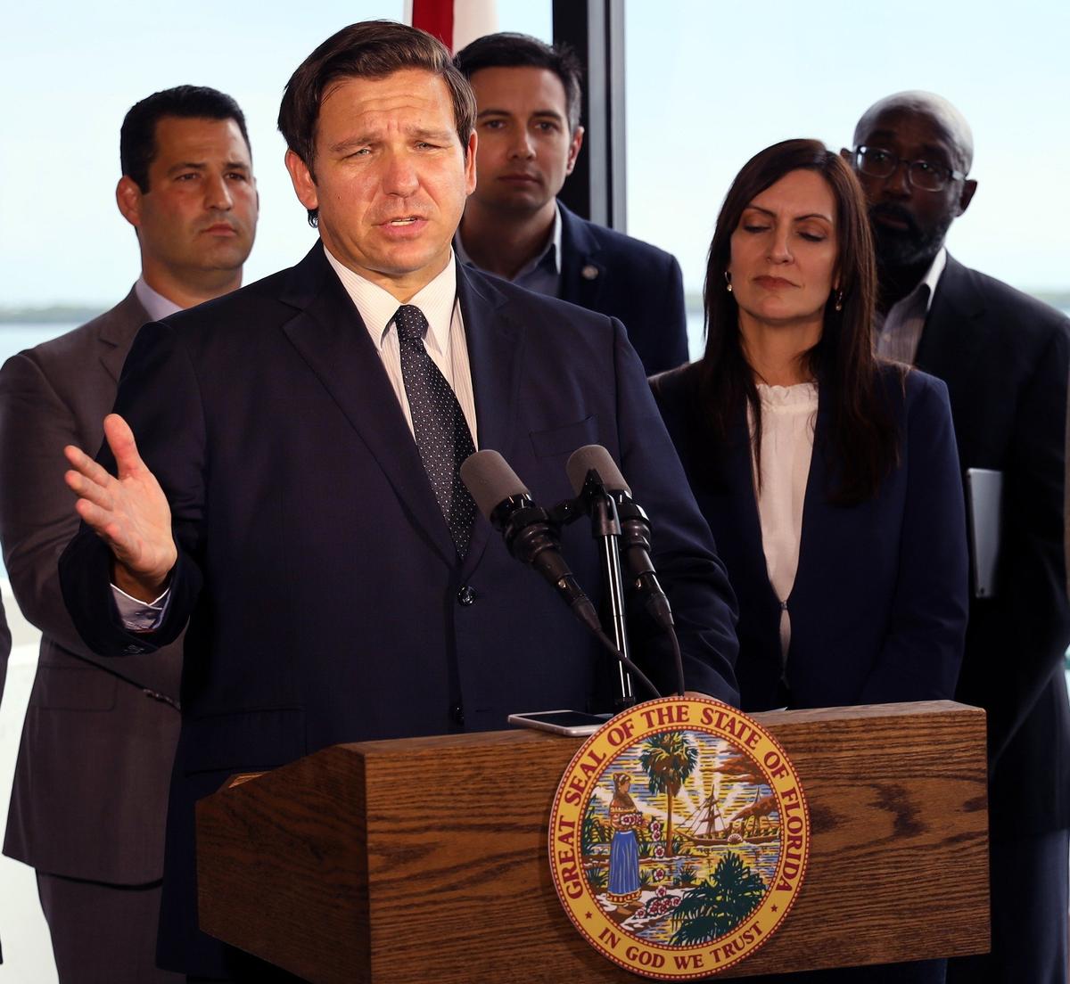 Gov. Ron DeSantis flexed his veto power for the first time Friday night, declining to sign an environmental bill that would have prohibited local governments from banning plastic straws for the next five years. He’s shown here at a press conference a few days earlier talking about his environmental initiatives.