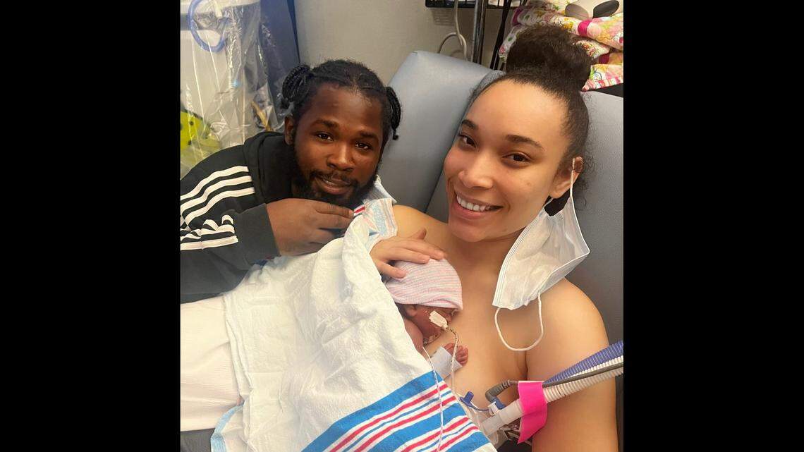 This provided photo shows Gianna Lopera and Jahmiah Peets with their baby, Jahxy Peets, who was born prematurely in Orlando, Florida in June 2022.