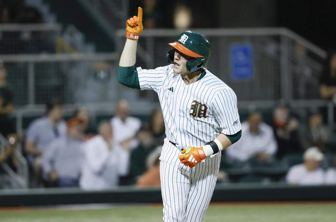 Miami Hurricanes catcher Alex Sosa (13) reacts after hitting a homerun in the third inning against the Lehigh Mountain Hawks during the Hurricanes season opener at Mark Light Field in Coral Gables, Florida, Florida on Friday, February 13, 2026