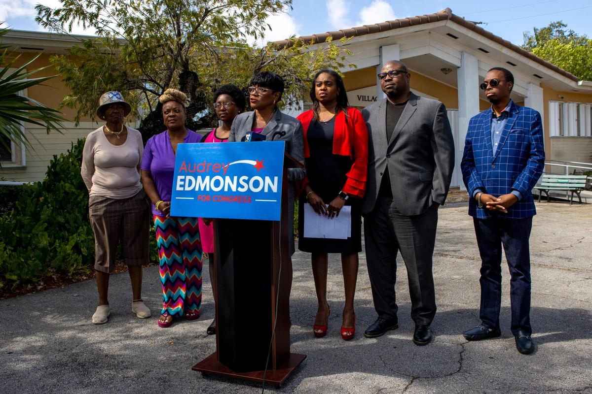 Surrounded by family, Audrey M. Edmonson, who served as chair of the Miami-Dade County Commission, announced that she is challenging Rep. Frederica Wilson in the Democratic primary for Florida’s 24th Congressional District during a press conference at City Hall in El Portal, Florida, on Tuesday, March 22, 2022.