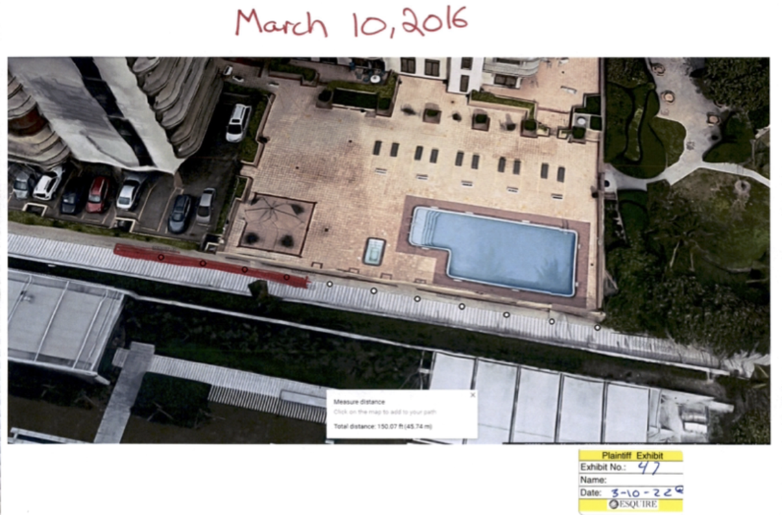 A court exhibit by the plaintiffs shows the area near Champlain Towers South (with the red line) where Eighty Seven Park construction crews drove sheet piles on March 10, 2016. Experts said a critical component of the building, located in that same area, broke apart as the collapse began five years later.