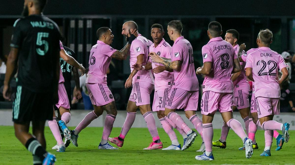 Inter Miami forward Gonzalo Higuaín (10) celebrates with midfielder Gregore Silva (26) after scoring in a 3-2 come-from-behind win over Charlotte FC. Six of Miami’s seven wins, and 18 of 22 goals, have come at DRV PNK Stadium.