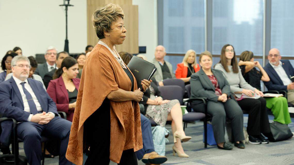 Barbara Bryan enters the room to be interviewed for the Broward College interim president position at the Fort Lauderdale campus on Tues, Oct. 3, 2023. On Wednesday, Oct. 4, 2023, the college announced Bryan was named interim president after Henry Mack, whom the board named Tuesday, withdrew due to a contract dispute. Bryan was president of the north campus in Coconut Creek from 2006 to 2013. (Amy Beth Bennett / South Florida Sun Sentinel)