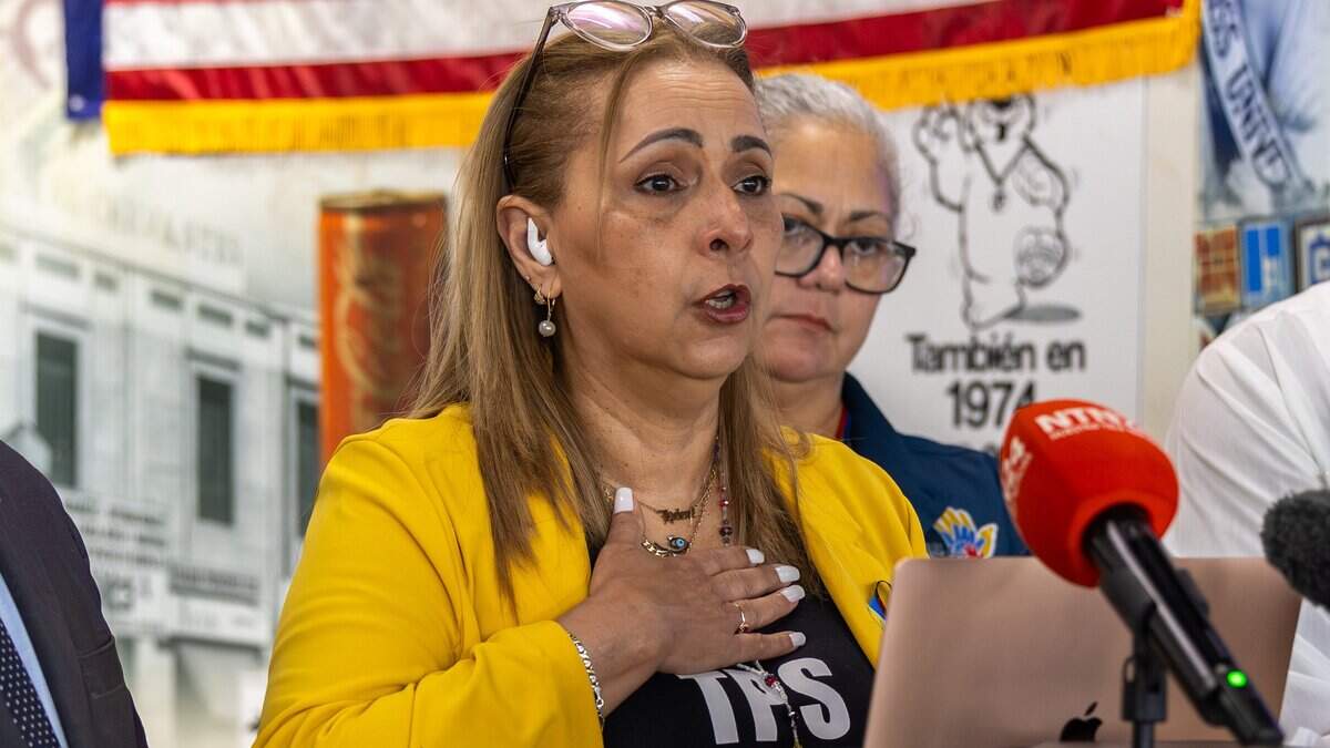 Helene Villalonga, president of AMAVEX, speaks during a news conference Friday, June 26, 2026, at El Arepazo in Doral, Fla., urging President Trump to grant Deferred Enforced Departure status to protect Venezuelans from deportation following the two powerful earthquakes that hit the Caracas area on Wednesday evening.