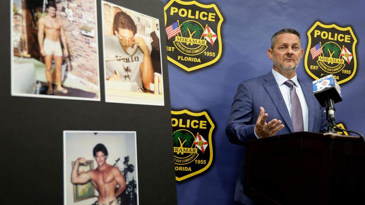 Danny Smith, lead homicide detective, speaks during a press conference to announce Harry Collier, who is now deceased, as an offender of a 37-year-old homicide cold case at Miramar Police Department on Tuesday, June 18, 2024. On October 21, 1986, William “Billy” Halpern, in photos left, was brutally murdered in his Miramar home. (Carline Jean/South Florida Sun Sentinel)