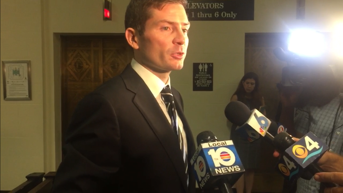 Attorney William Douglas Muir addresses reporters after a hearing on his lawsuit against the city of Miami on Wednesday, July 24. Muir contends the city is failing to follow its own competitive bidding rules for a referendum on the proposed soccer stadium and development at Melreese Country Club.