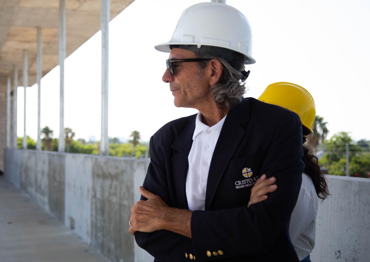 Operations Manager Nelson Castellanos checks out the third floor of the new school building at Cristo Rey Miami High School in North Miami, FL on Wednesday, May 29, 2024. Thanks to a $2.1 million donation from Ken Griffin, the school is building a three-story building that will include 12 classrooms,four multi-use labs and faculty offices
