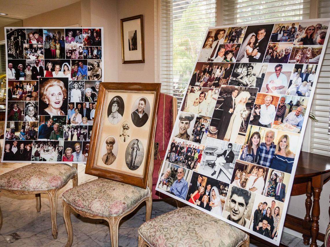 A frame of family portraits of the Elias brothers sits between a collage of Gwena Elias (left) and Gwynn (Babe) Elias (right) made for their funerals.