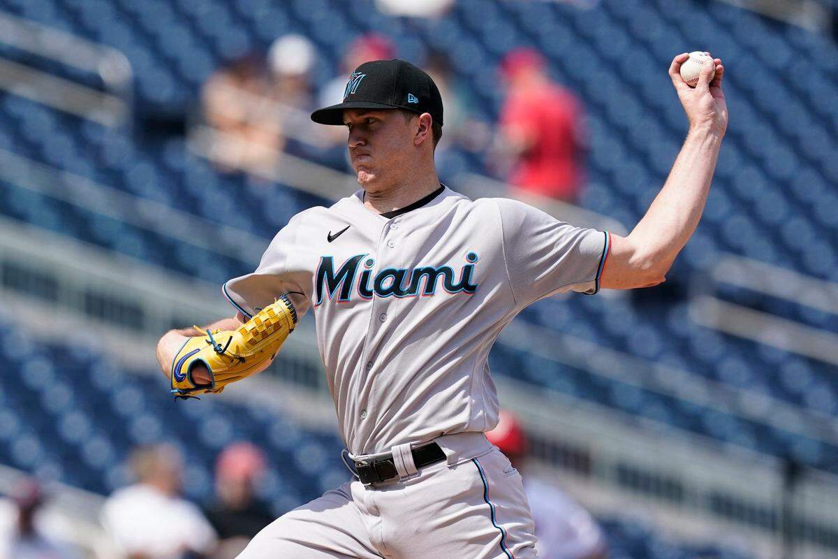 Miami Marlins starting pitcher Trevor Rogers throws during the first inning of a baseball game against the Washington Nationals at Nationals Park, Wednesday, Sept. 15, 2021, in Washington. (AP Photo/Alex Brandon)