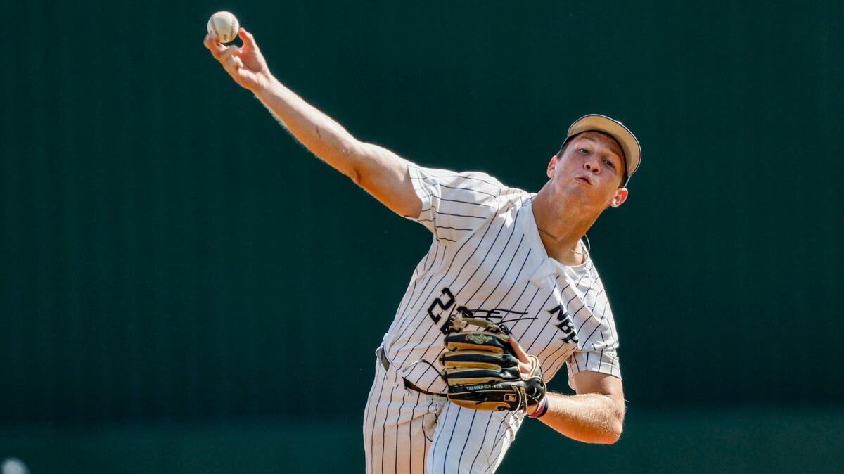 North Broward Prep Eagles Mateo Gray (22) pitches against the Fort Myers Bishop Verot Vikings in the second inning during the FHSAA Baseball Class 3A State Semifinal at Hammond Stadium in Fort Myers, Florida on Tuesday, May 21, 2024.