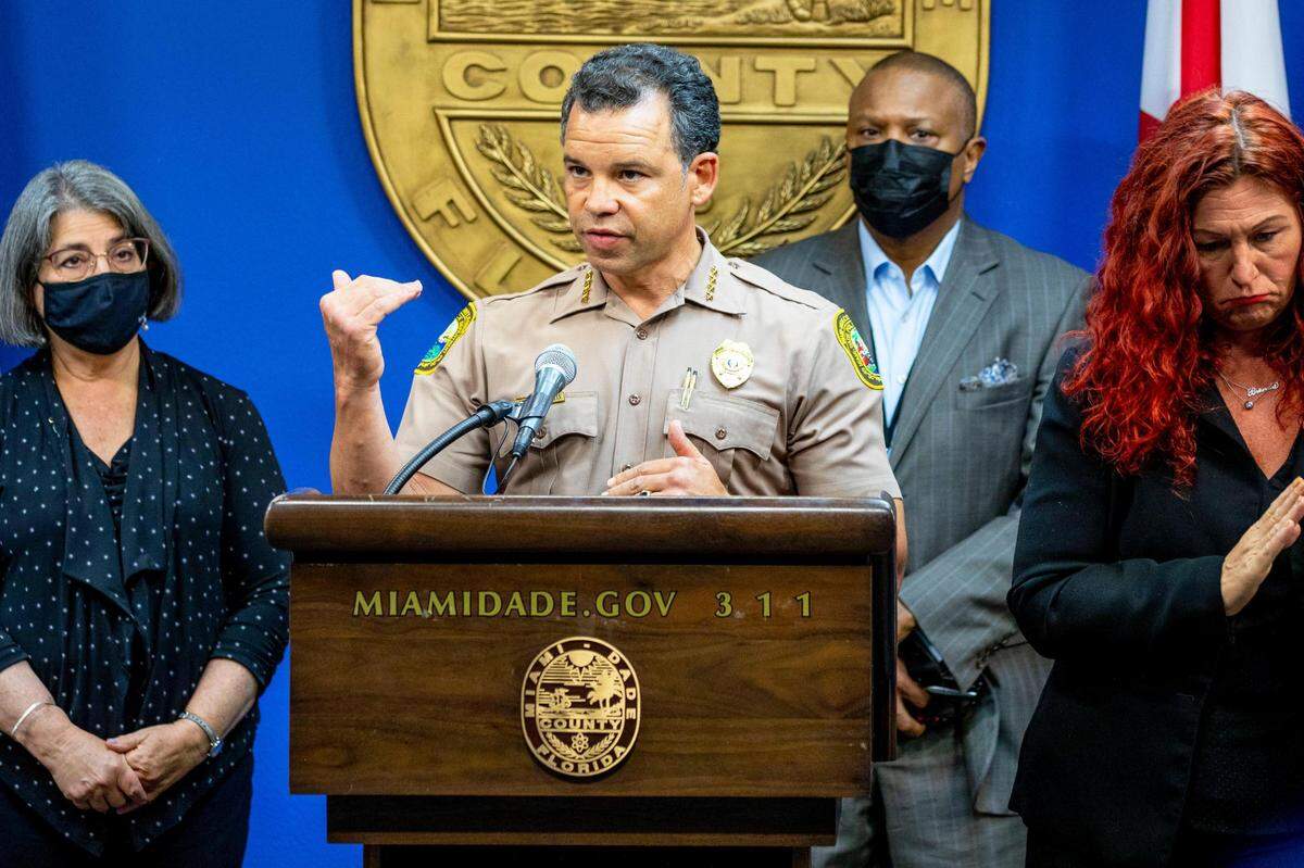 Miami-Dade Police Department Director Alfredo Ramirez III, along with other county officials, provided an update on the search and recovery operation following the Surfside building collapse during a press conference at Miami-Dade Emergency Operations in Doral, Florida, on July 26, 2021.