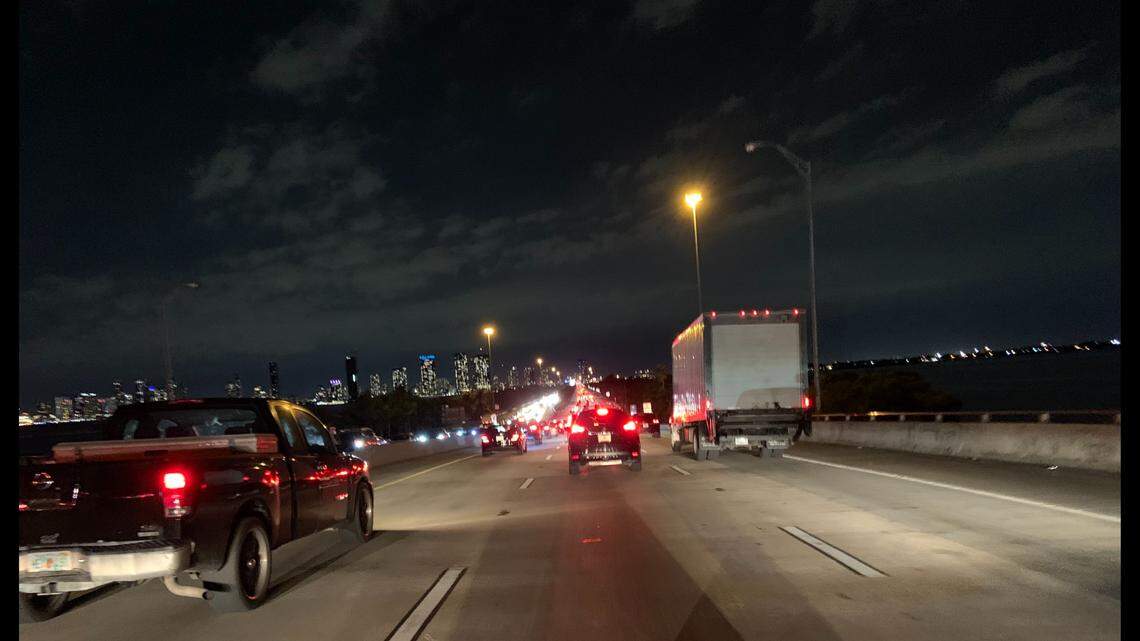 The traffic on Interstate 195, the Julia Tuttle Causeway, is usually flowing well in both directions by 7 p.m. But, this photo from 7:03 p.m., on Tuesday of Miami Art Week 2021, the white lights on the eastbound side and the brake lights on the westbound side say this rush hour jam has been augmented and exacerbated by Art Week.