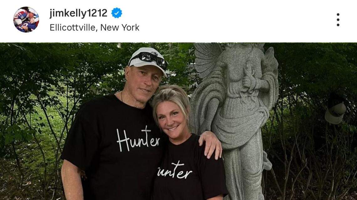 jim kelly and wife jill kelly wearing hunter shirts
