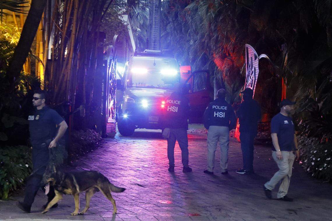 Federal agents outside the two Star Island mansions of Sean ‘Diddy’ Combs on Monday, March 25, 2024, in Miami Beach, Florida. Federal agents raided his two Miami Beach mansions, along with raiding his home in Los Angeles. The raids follow a suit by his ex producer alleging Diddy was engaged in a ‘widespread and dangerous criminal sex trafficking organization.