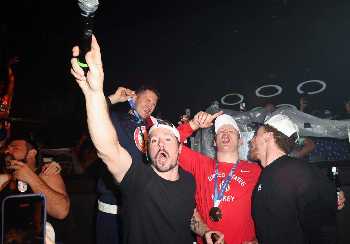 MIAMI, FLORIDA - FEBRUARY 23: J.T. Miller, Brady Tkachuk, and Jack Eichel attend a celebration of the USA Men's Hockey Team's Olympic Gold at E11EVEN Miami on February 23, 2026 in Miami, Florida.  (Photo by Alexander Tamargo/Getty Images for E11EVEN Miami)
