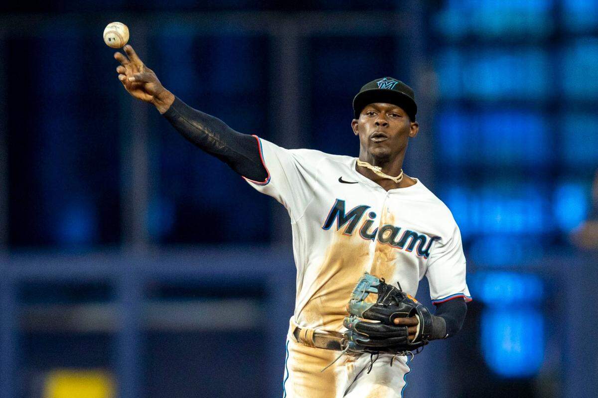 Miami Marlins second baseman Jazz Chisholm Jr. (2) throws the ball to first base during the fifth inning of an MLB game against the Colorado Rockies at loanDepot park in the Little Havana neighborhood of Miami, Florida, on Thursday, June 23, 2022.