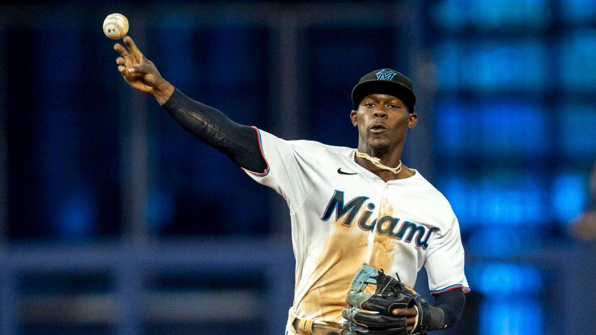 Miami Marlins second baseman Jazz Chisholm Jr. (2) throws the ball to first base during the fifth inning of an MLB game against the Colorado Rockies at loanDepot park in the Little Havana neighborhood of Miami, Florida, on Thursday, June 23, 2022.