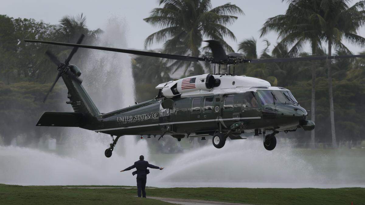 In this file photo, Marine One carrying U.S. President Donald Trump arrives at the Trump National Doral Golf Club on April 03. On Saturday, March 7, Trump will host 12 Latin American and Caribbean leaders at the resort for the “Shield of the Americas” summit to boost cooperation on security, migration and trade.