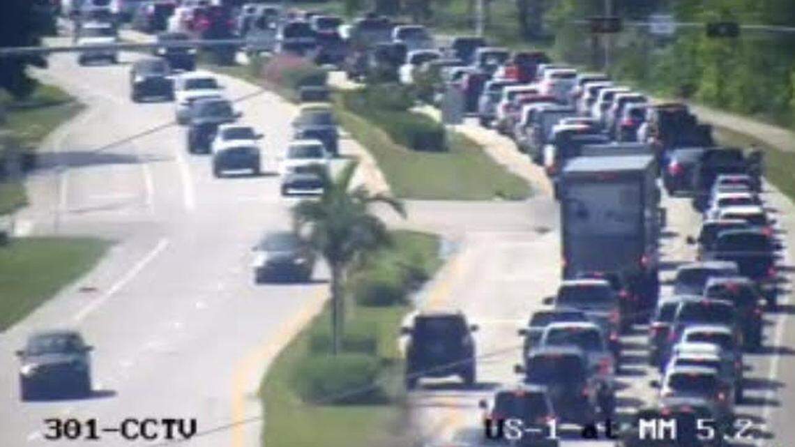 A Florida Department of Transportation camera at mile marker 5 on U.S. 1 shows traffic at a standstill because of a fatal car crash in Key West Saturday, Nov. 5, 2022.