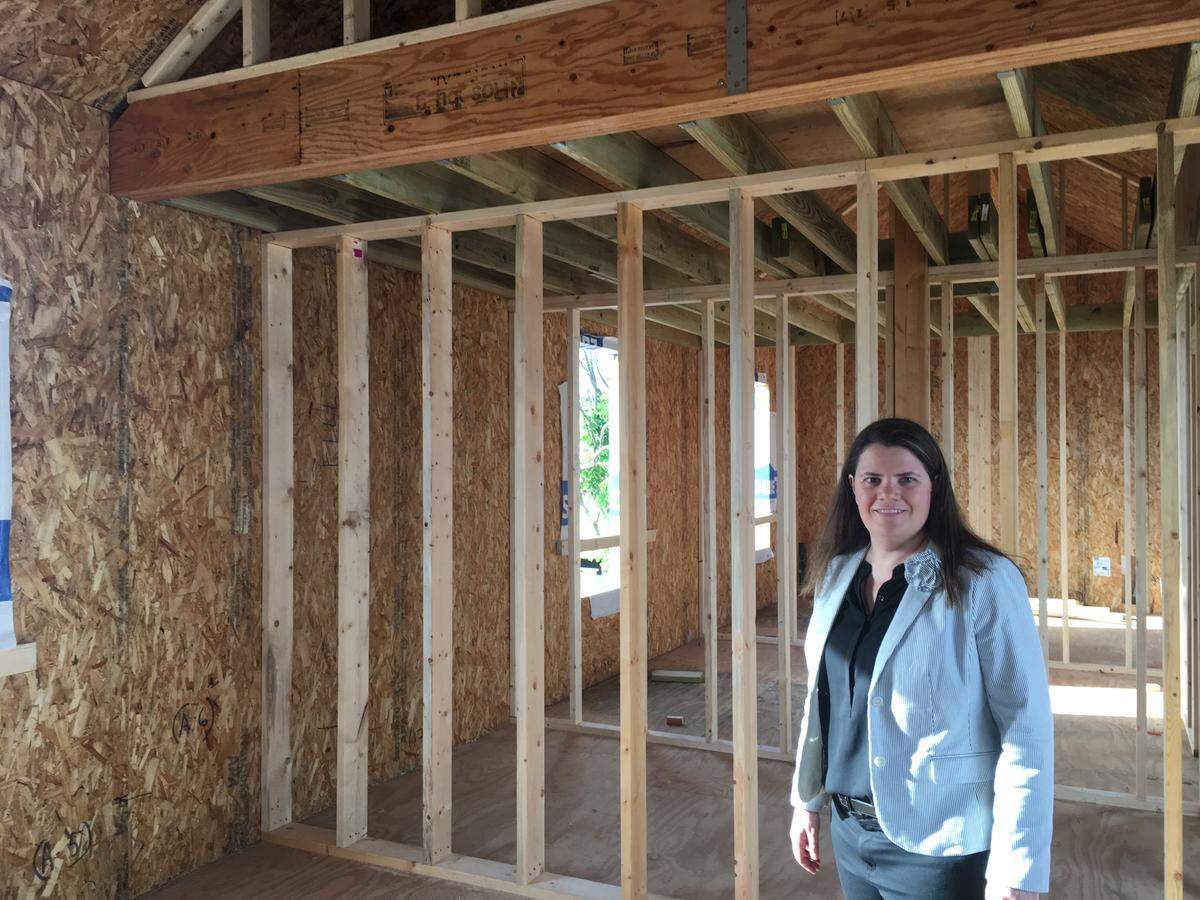 Architect Marianne Cusato stands inside one of the four Keys cottages being built on Big Pine Key.
