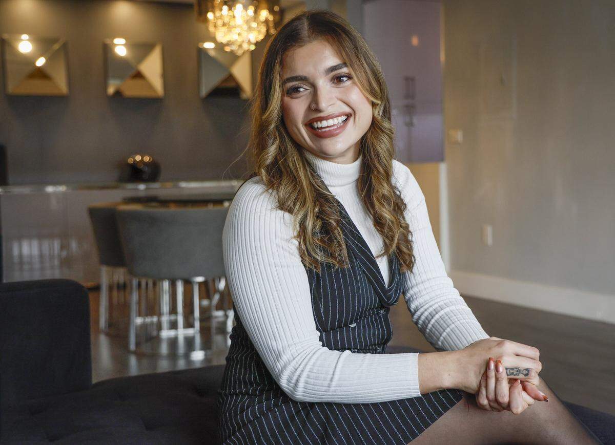 LUXE Properties real estate agent Angie Zavala, 26, at a condominium unit for sale in Miami Beach, Florida on Thursday, November 13, 2025. 