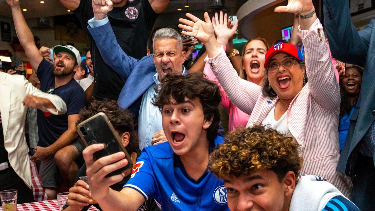 Soccer fans along with local elected officials react to Miami being selected as one of the cities for the FIFA 2026 World Cup venue during a watch party at Fritz & Franz Bierhaus in Coral Gables, Florida, on Thursday, June 16, 2022.