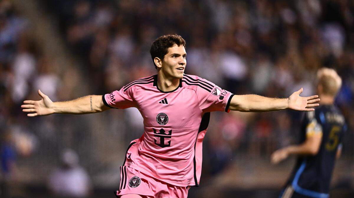 Jun 15, 2024; Philadelphia, PA, USA; Inter Miami forward Leo Afonso (73) celebrates after scoring a goal against the Philadelphia Union in a MLS game at Subaru Park. Mandatory Credit: Kyle Ross-USA TODAY Sports