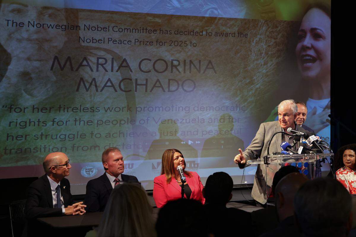 U.S. Rep. Carlos Gimenez speaks at the event celebrating Maria Corina Machado winning the Nobel Peace Prize.The American Museum of the Cuban Diaspora, led by President Marcell Felipe, held a conference celebrating  Machado.