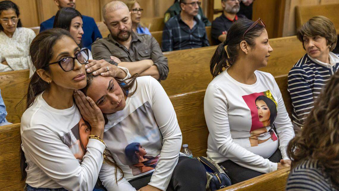 Mothers of victims, from left Julia Gonzalez, Angela Pacalagua and Mabertt Naranjo  react during a plea hearing for defendant Maiky Simeon who is accused in the deaths of five young people in a wrong-way crash on the Palmetto Expressway in 2022, at the Gerstein Justice Building, in Miami on Friday, April 24, 2026.