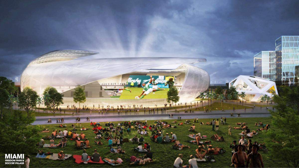This architectural rendering shows the exterior of the proposed 25,000-seat soccer stadium, with a view from the adjacent public park where visitors would be able to watch games projected on a screen for free.