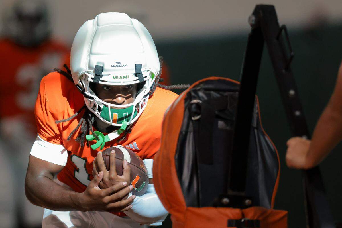 Miami Hurricanes wide receiver Malachi Toney (10) works during football practice at the Carol Soffer Indoor Practice Facility at the University of Miami in Coral Gables, Florida, on Thursday, Aug. 7, 2025.
