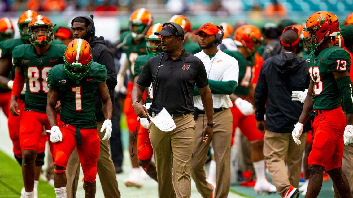 Florida A&M University Head Coach Willie Simmons watches his team from the sidelines during the first quarter of the Orange Blossom Classic against Jackson State University at Hard Rock Stadium in Miami Gardens, Florida, on Sunday, September 5, 2021.