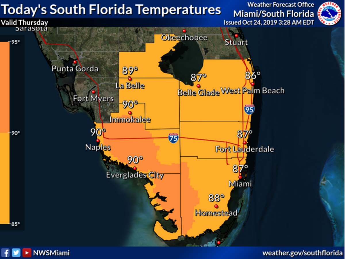 High temperatures are expected to be in the upper 80s to near 90 Thursday, according to the National Weather Service in Miami.