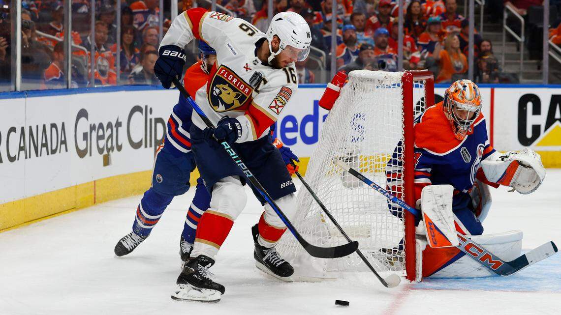 Jun 15, 2024; Edmonton, Alberta, CAN; Florida Panthers center Aleksander Barkov (16) skates with the puck in the third period against the Edmonton Oilers in game four of the 2024 Stanley Cup Final at Rogers Place. Mandatory Credit: Perry Nelson-USA TODAY Sports