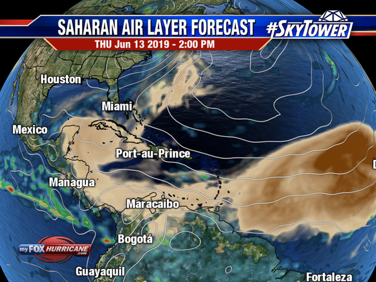 Fox 13 meteorologists are looking at a layer of Saharan dust moving in Atlantic waters on June 13, 2019, and tracking its spread into the next work week.