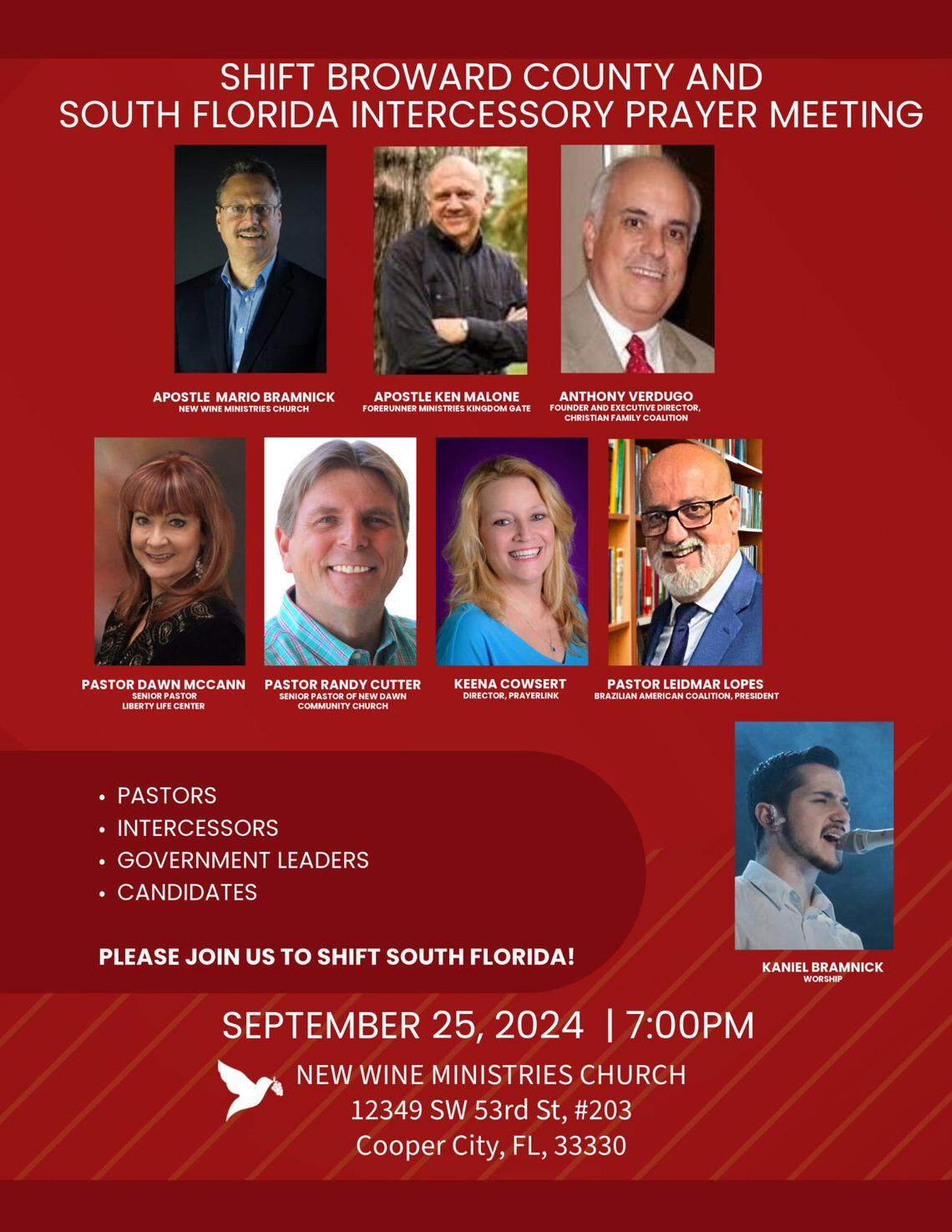 A Broward church hosted a “South Florida Prayer Intercessory Meeting” that aims to “Shift Broward.” The lead pastor of the church, Mario Bramnick, is a part of a network of conservative Christians who believe in extreme theories about Christian supremacy.