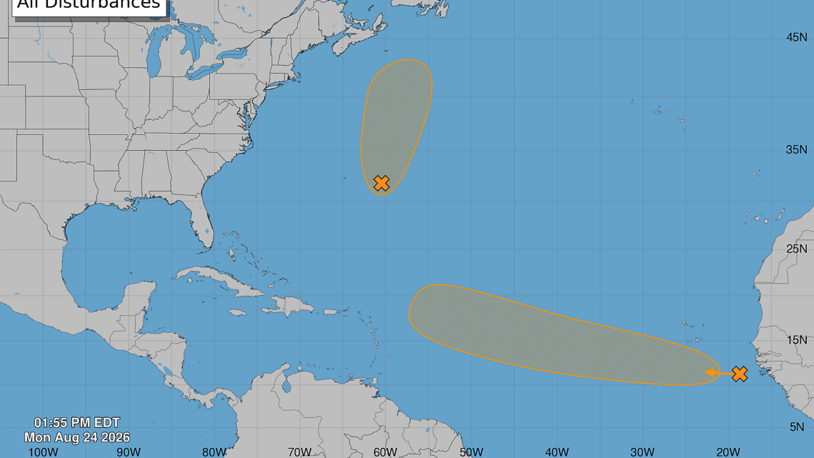 Hurricane center eyeing two spots in the Atlantic. Chances rising for a storm
