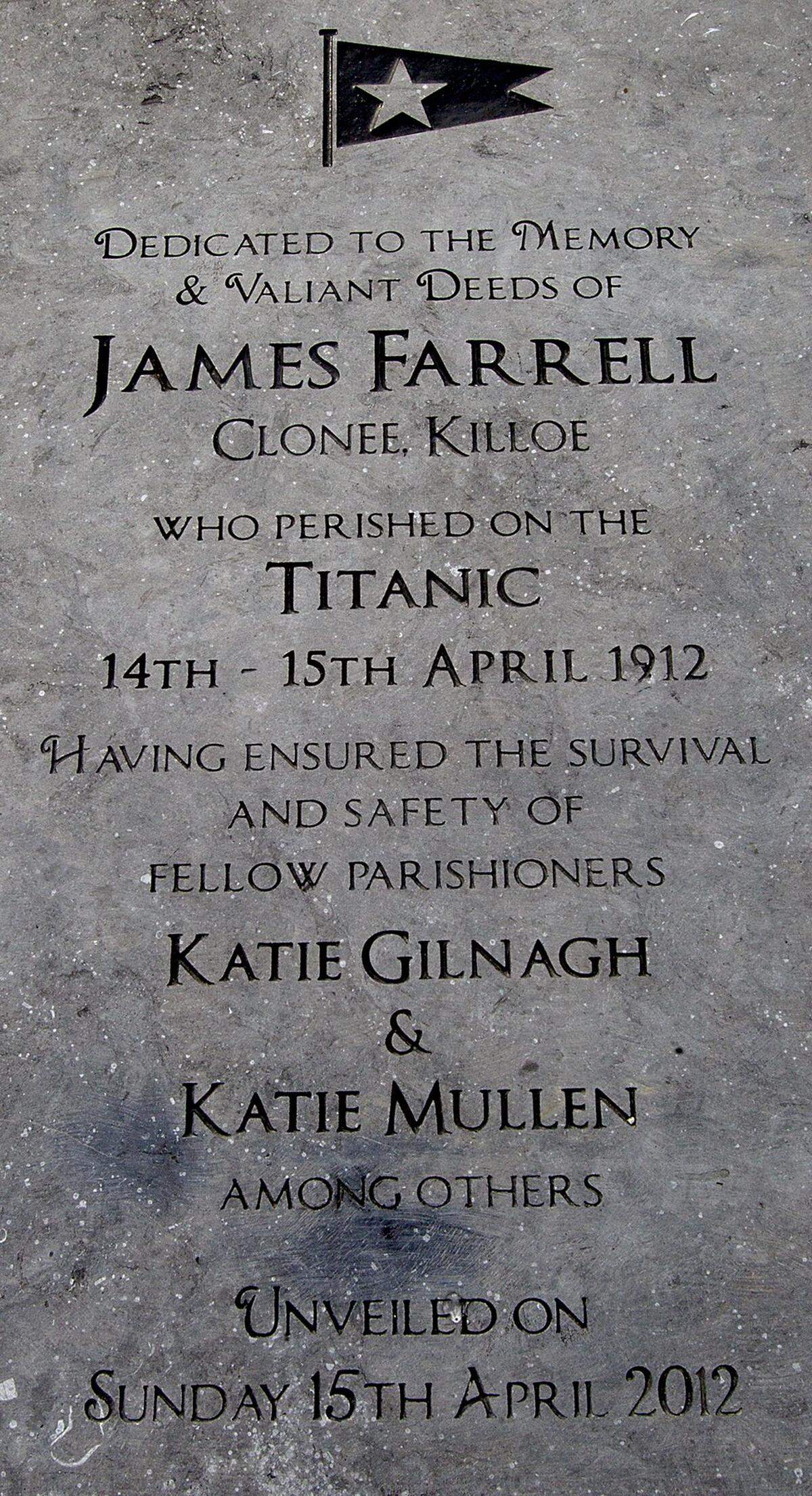 On April 15, 2012, about 500 people gathered for a Titanic memorial Mass at St. Mary’s Church and the unveiling of the James Farrell Monument in Ennybegs, County Longford, Ireland. Farrell was the uncle of Dr. James Farrell of Miami.