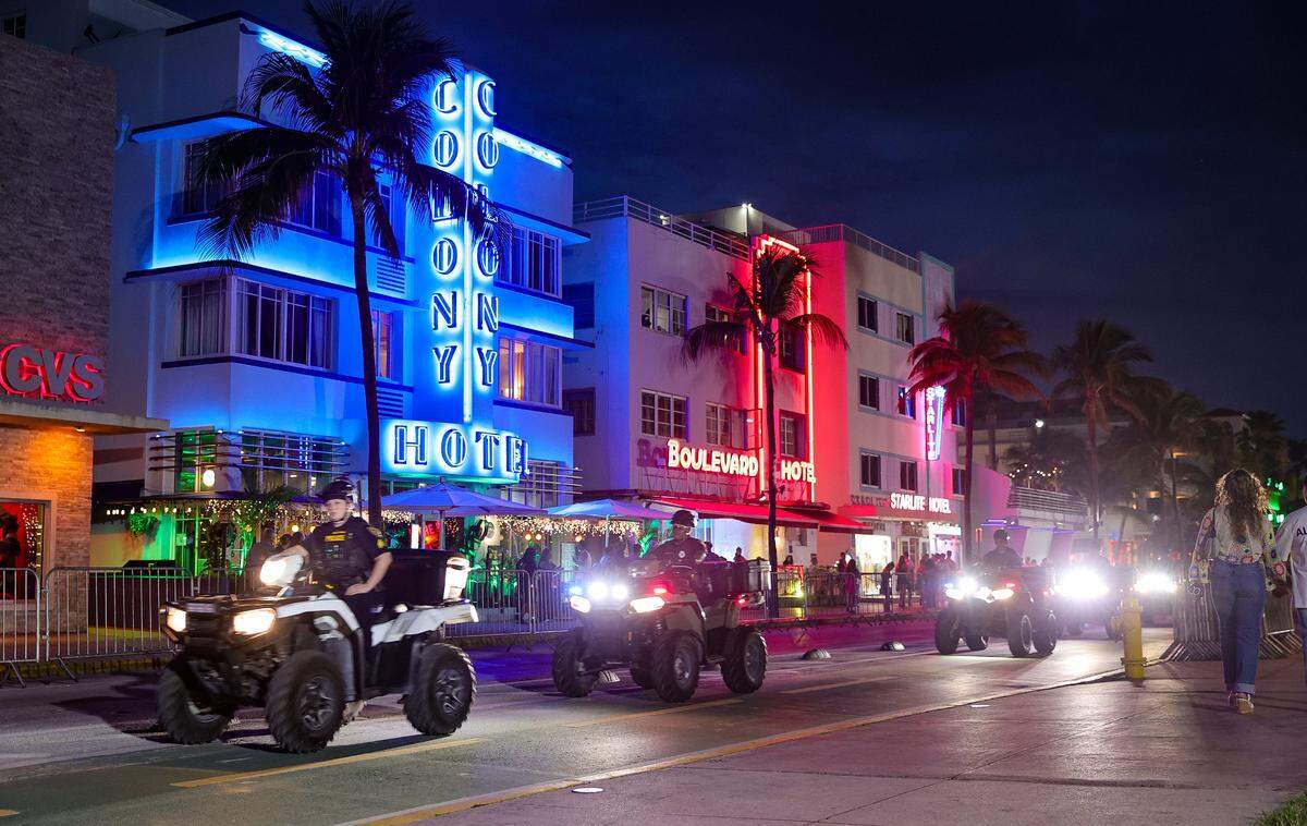 Miami Beach Police make their way down Ocean Drive during spring break in Miami Beach, on Sunday March 10, 2024.