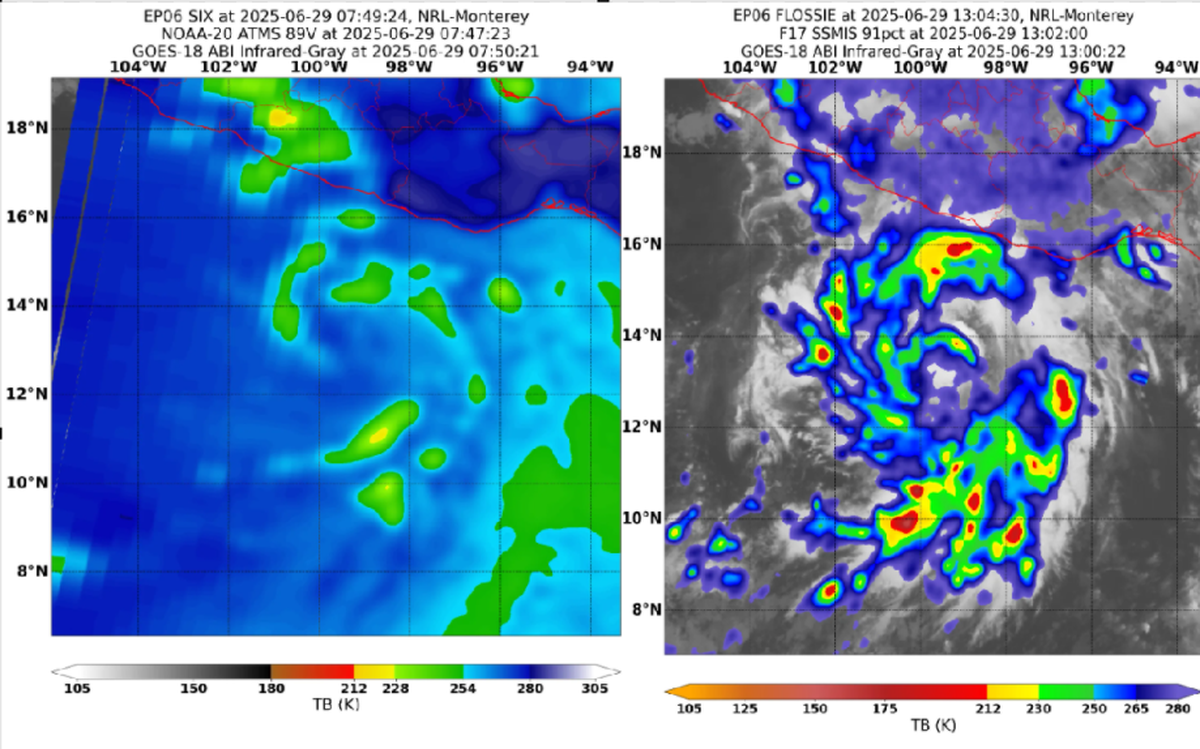 Two satellite images captures of Hurricane Flossie in the East Pacific on Sunday show the difference between NOAA’s offered replacement satellite, the Advanced Technology Microwave Sounder, on the left and the Special Sensor Microwave Imager Sounder, or SSMIS, on the right.