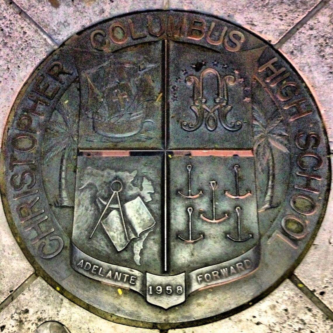 A touchstone on the grounds of Christopher Columbus High School in Westchester, Miami-Dade.
