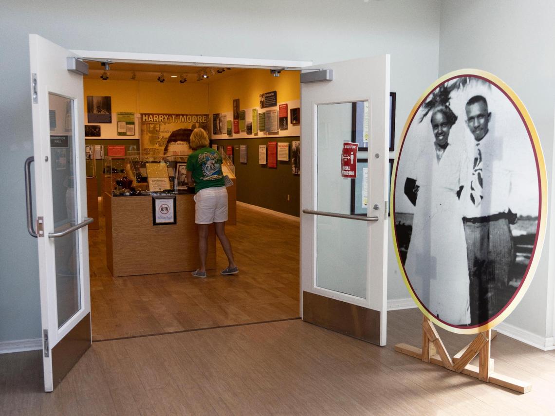 Courtesy of the Harry T. Moore Museum: Guests on Dec. 11, 2021, are greeted by a large portrait of educators Harriette V. and Harry T. Moore at its entrance. The Moore Museum, located in Mims, Florida, holds memorabilia that reflects the years since the killing of the Moores on Christmas Day 1951, and their legacy. Harry T. & Harriette V. Moore were the first Civil Rights leaders killed in the U.S.