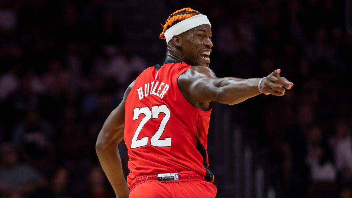 Miami Heat forward Jimmy Butler (22) reacts after a play against the Toronto Raptors in the second half of their NBA game at the Kaseya Center on Dec. 12, 2024, in Miami.