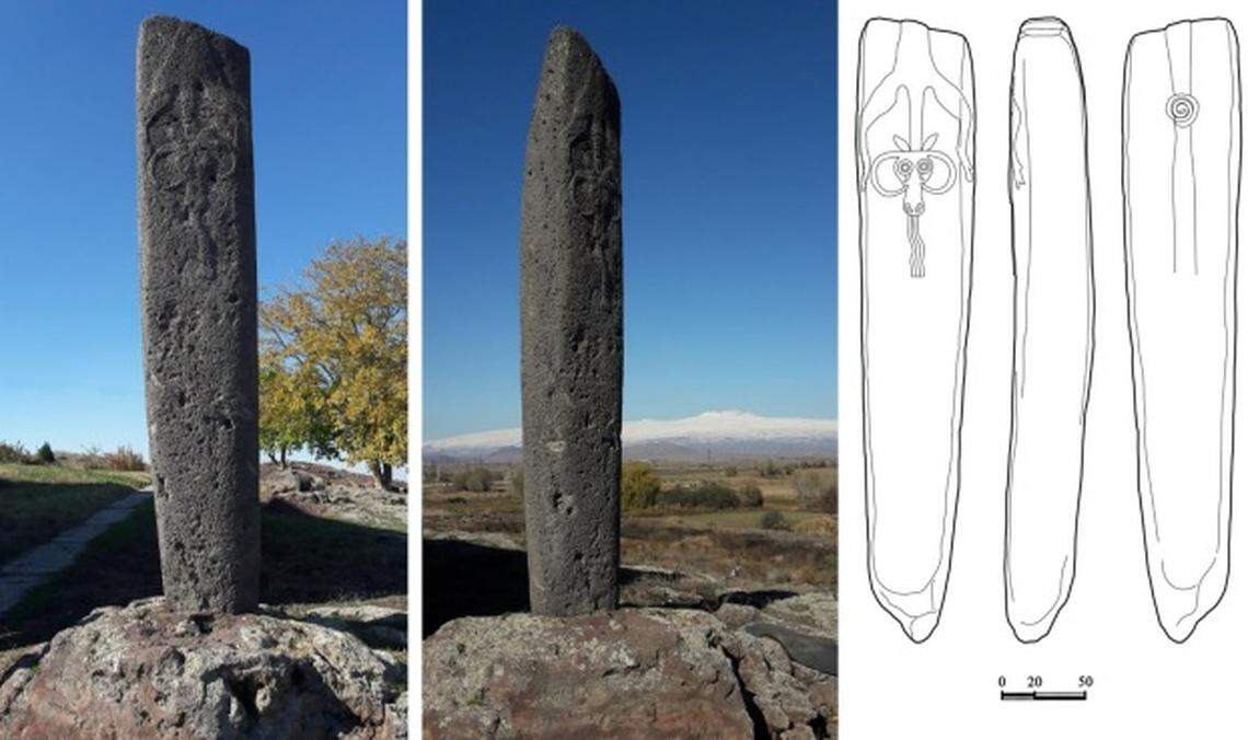 A dragon stone with a carving of a sacrificed bovid was found underground above a mysterious burial in Armenia.