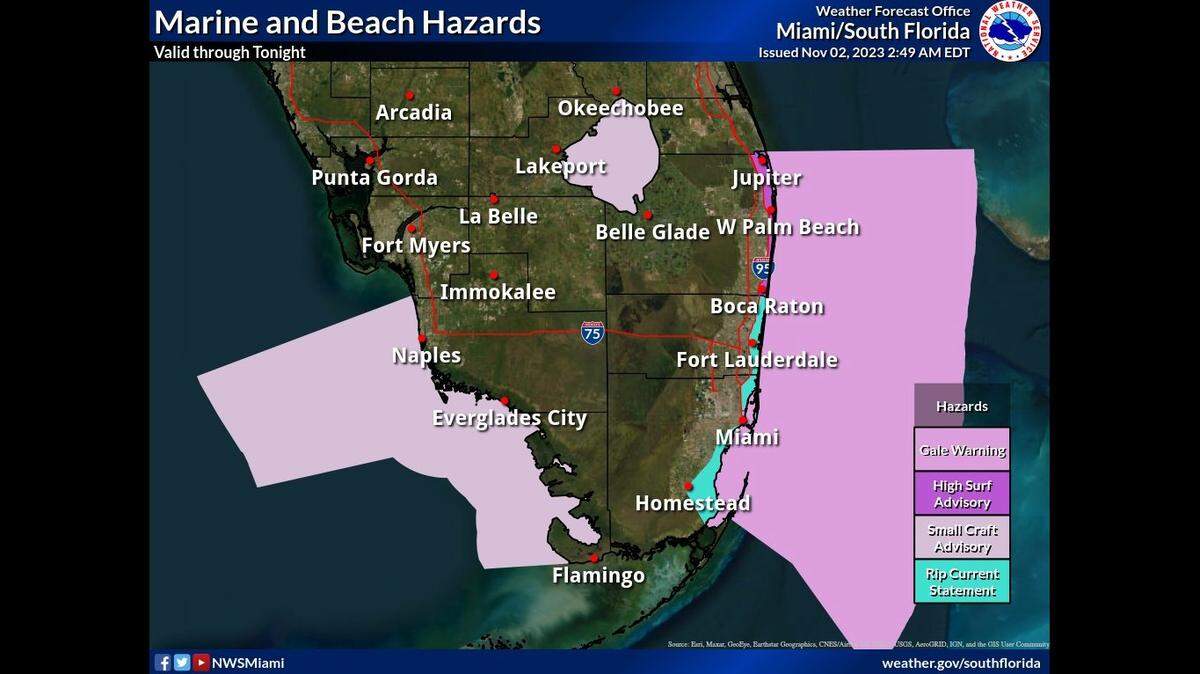 A National Weather Service map shows areas of high winds and rough surf Thursday, Nov. 2, 2023.