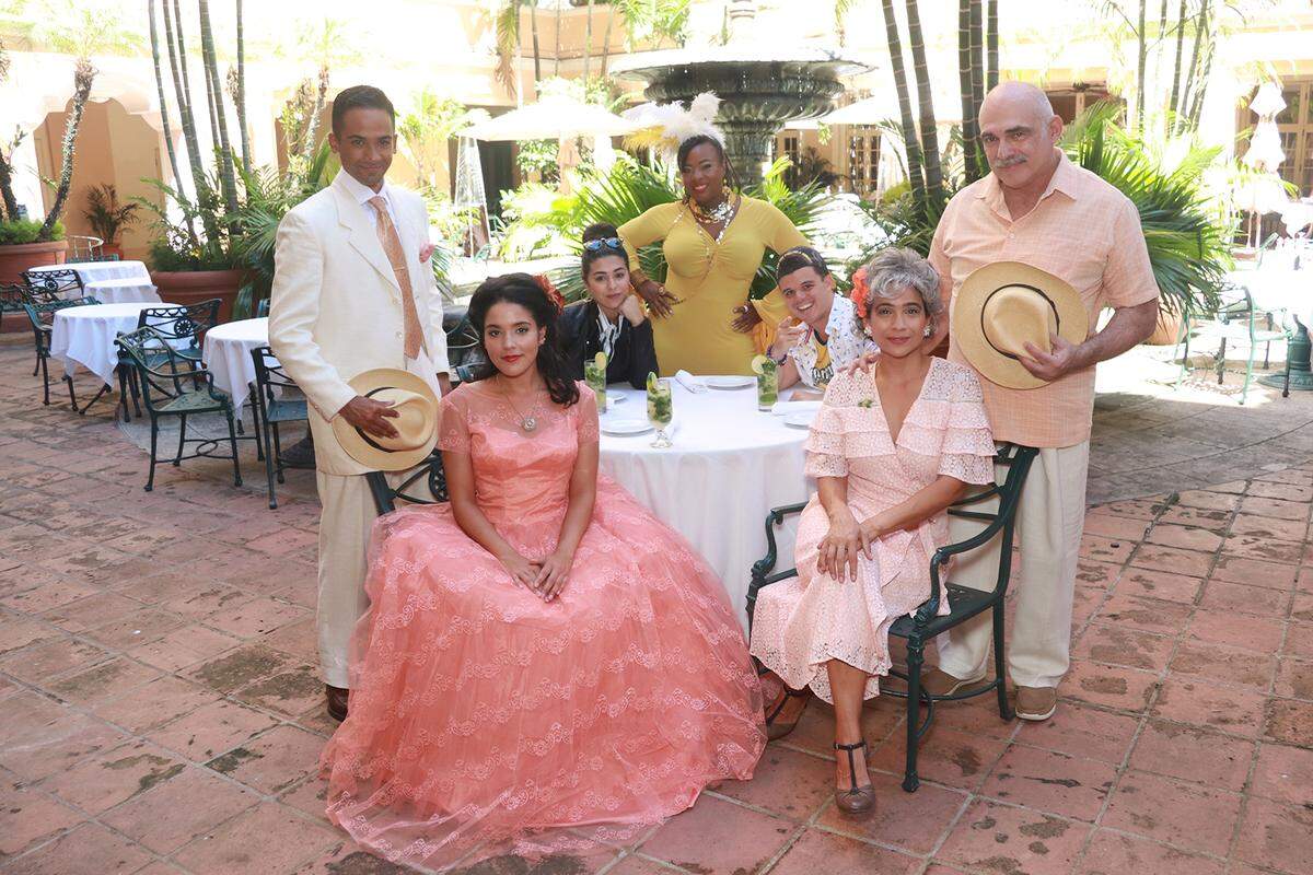 Clockwise from top left:  Alexander Pimentel, Lauren Horgan, Anissa Gathers, Jorge Barranco, John Herrera, Isabelia Duran and Linedy Genao play key roles in the world premiere musical “Havana Music Hall.”