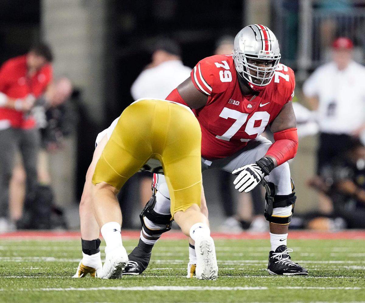 Sep 3, 2022; Columbus, Ohio, USA; Ohio State Buckeyes offensive lineman Dawand Jones (79), a Ben Davis High School alum, during the NCAA football game between Ohio State Buckeyes and Notre Dame Fighting Irish at Ohio Stadium. Osu22nd Kwr 61