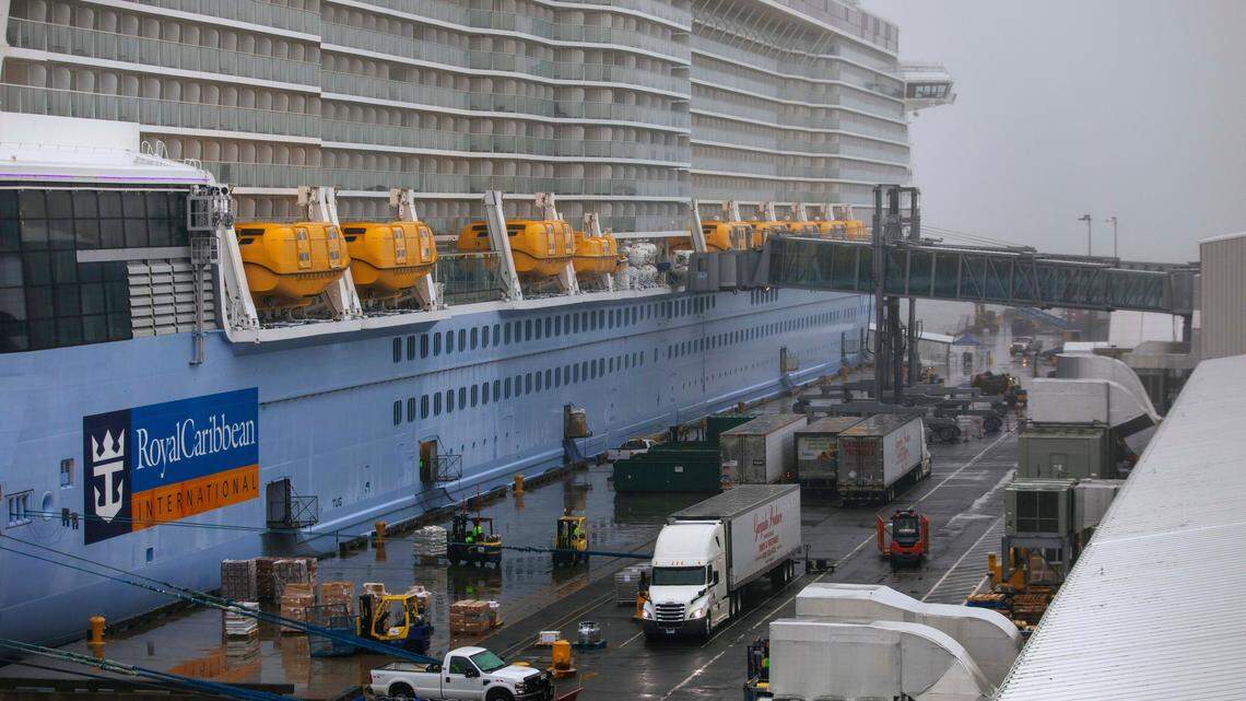 The cruise ship Anthem of the Seas is docked at the Cape Liberty Cruise Port on Friday, Feb. 7, 2020, in Bayonne, N.J. Passengers were screened, as a precaution, for coronavirus.