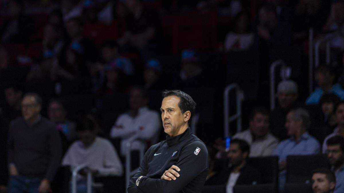Miami Heat head coach Erik Spoelstra looks on as his team plays against the Cleveland Cavaliers in the first half of their NBA game at the Kaseya Center on Wednesday, Nov. 12, 2025, in downtown Miami, Fla.